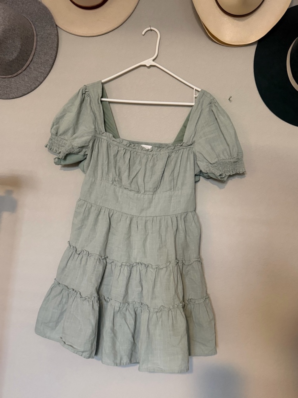 Sage Puff Sleeve Tiered Mini Dress